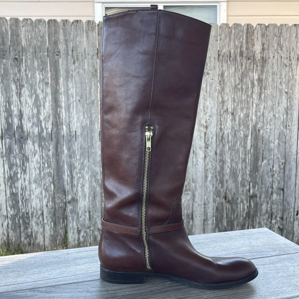 Coach Mulan‎ Tall Riding Boots Women 7B Brown Leather Logo Harness Equestrian